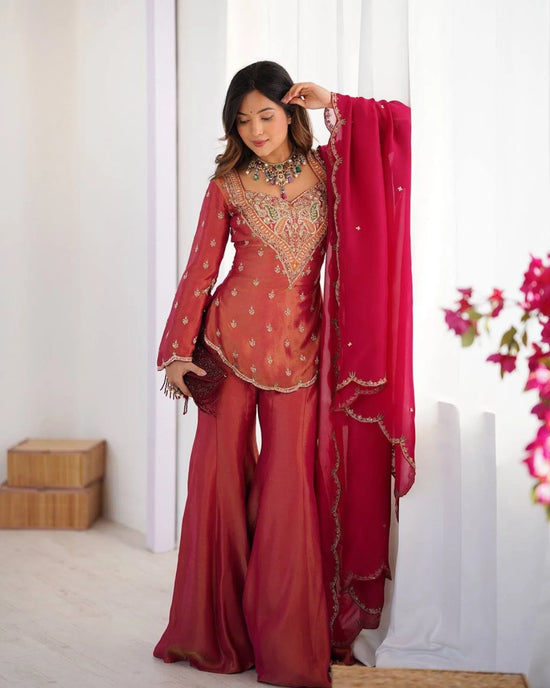 Amrah Wholesale Aarti 001 Vichitra Embroidered Kurti Pant Dupatta Set