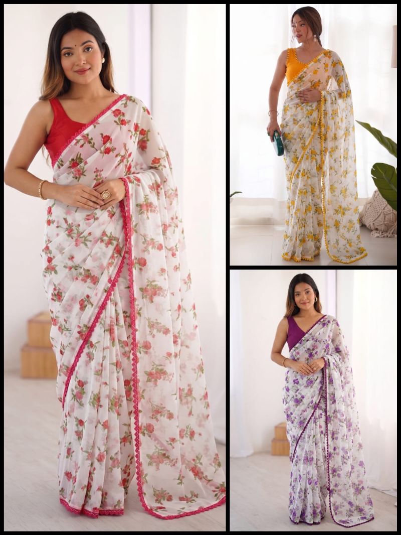 Amrah Wholesale Aarti 5 Chiffon Floral Printed Saree Collection - Amrah Wholesale