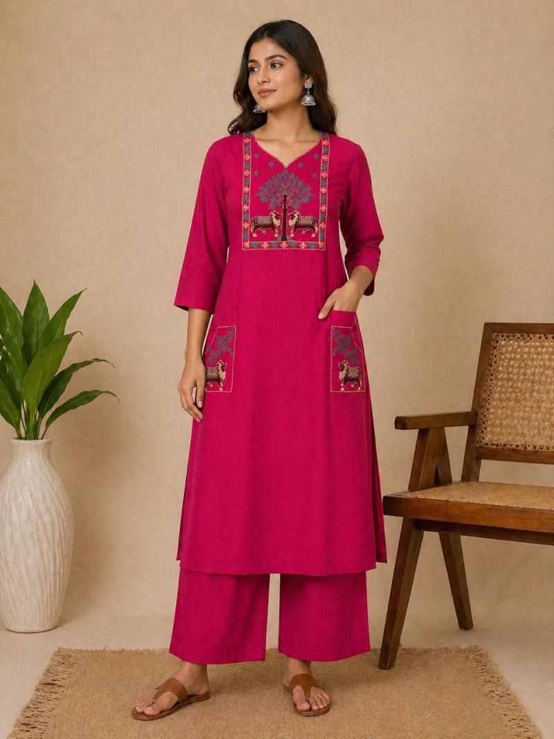 Amrah Wholesale Af 126 Slub Cotton Embroidered Kurti Pant Set