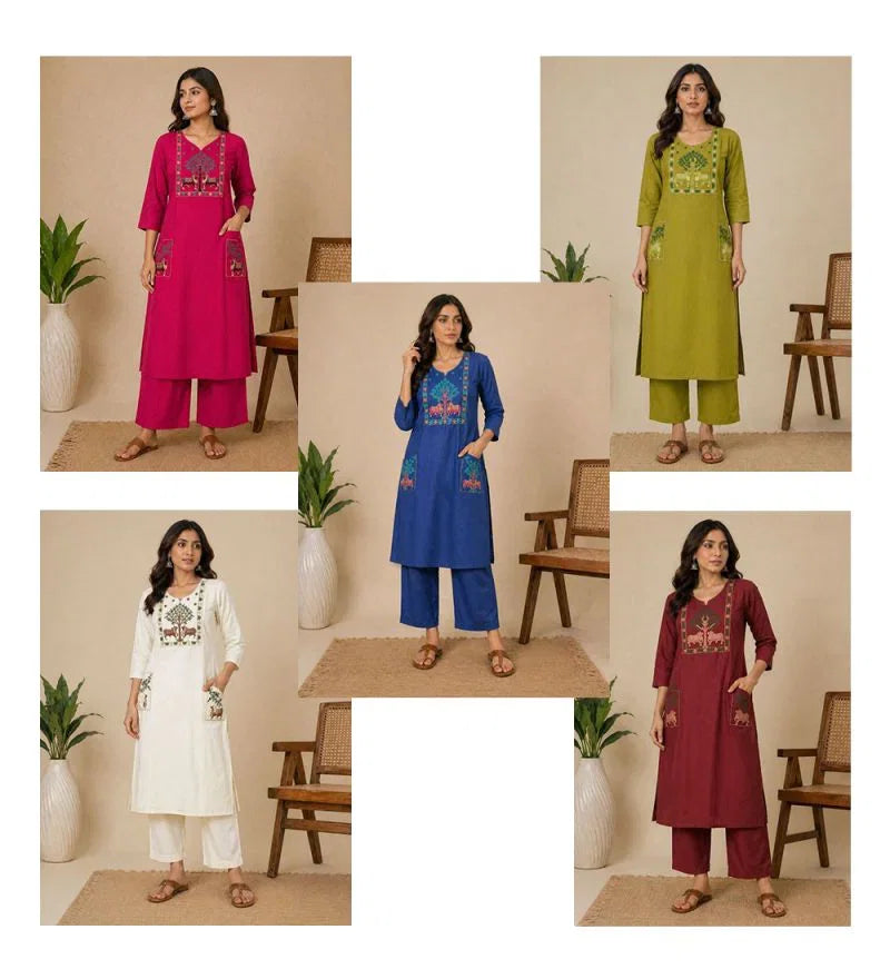 Amrah Wholesale Af 126 Slub Cotton Embroidered Kurti Pant Set