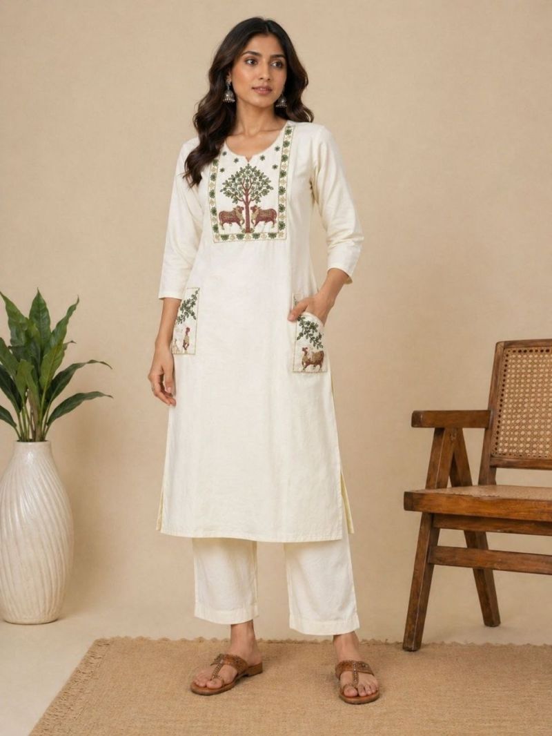 Amrah Wholesale Af 126 Slub Cotton Embroidered Kurti Pant Set