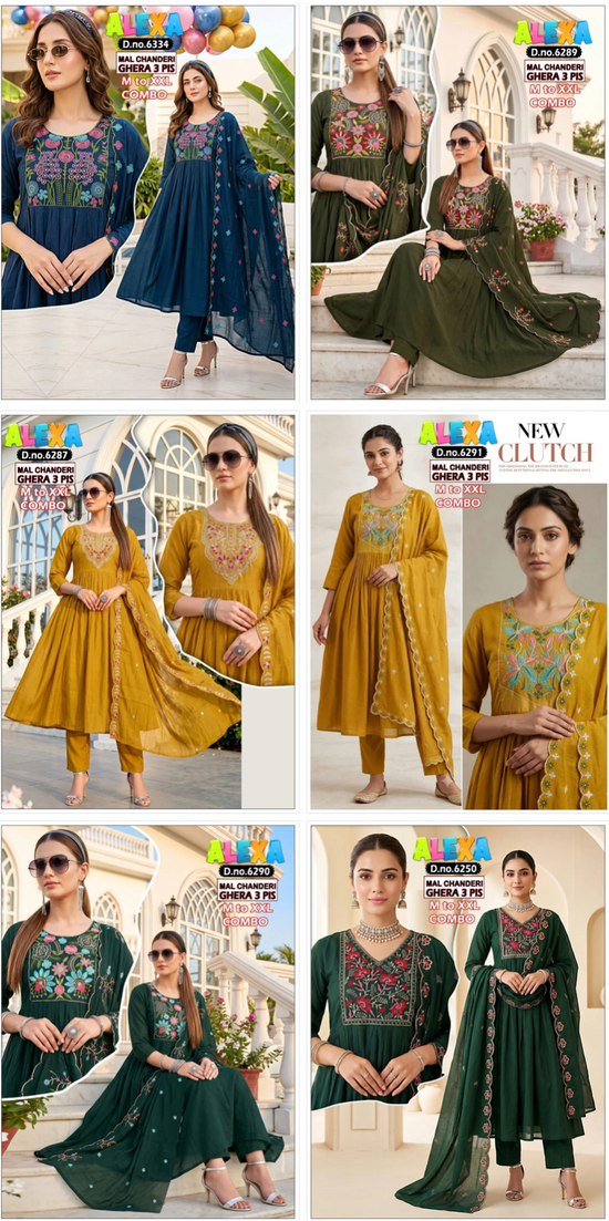 Amrah Wholesale Alexa Combo Vol 1 Mul Chanderi Kurti Pant Dupatta Set