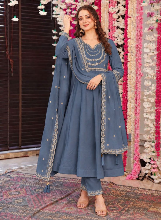 Amrah Wholesale Anaya Vol 1 Roman Silk Embroidered Anarkali Kurti Pant Dupatta Set