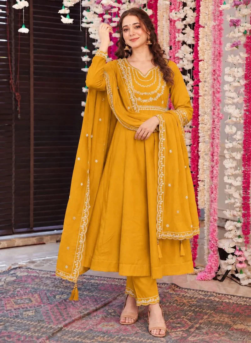 Amrah Wholesale Anaya Vol 1 Roman Silk Embroidered Anarkali Kurti Pant Dupatta Set