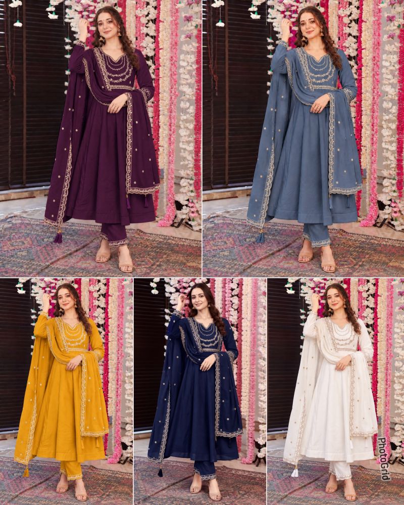 Amrah Wholesale Anaya Vol 1 Roman Silk Embroidered Anarkali Kurti Pant Dupatta Set