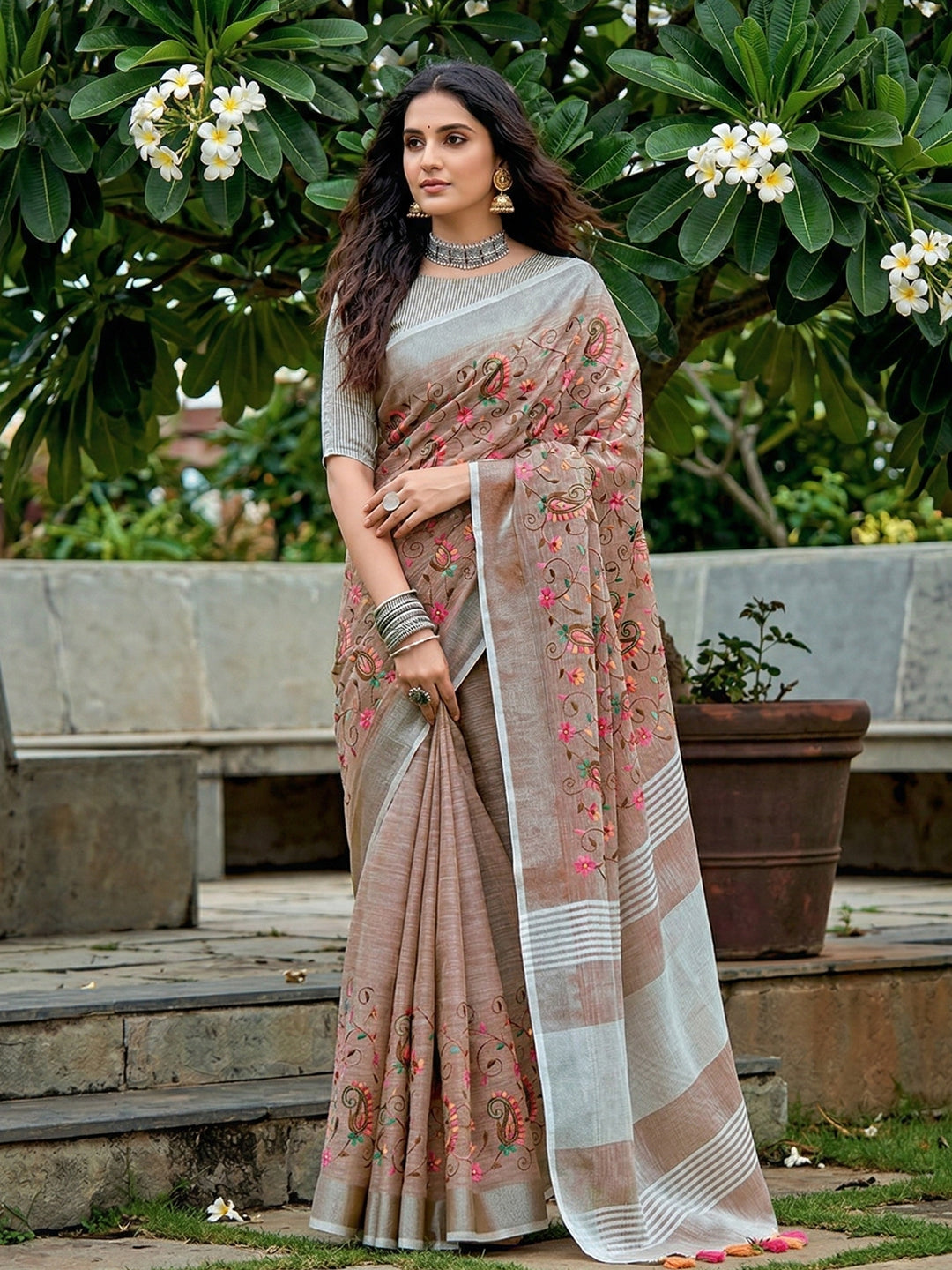 Amrah Wholesale Ast Karishma Linen Embroidered Saree