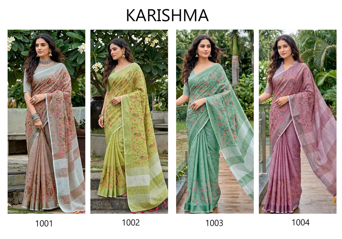 Amrah Wholesale Ast Karishma Linen Embroidered Saree