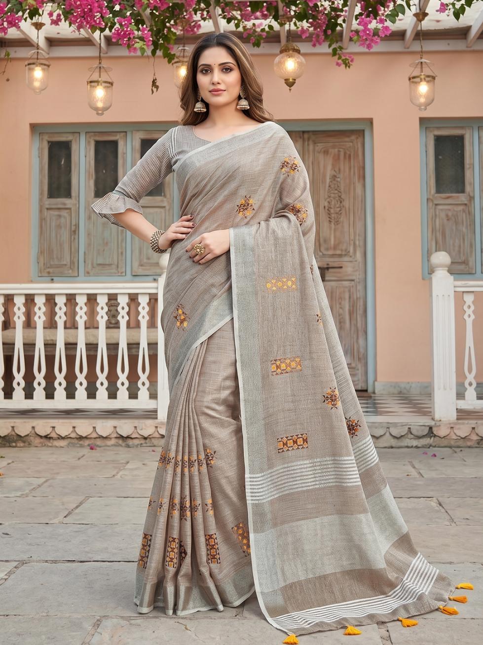 Amrah Wholesale Ast Samaira Soft Linen Embroidered Saree - Amrah Wholesale