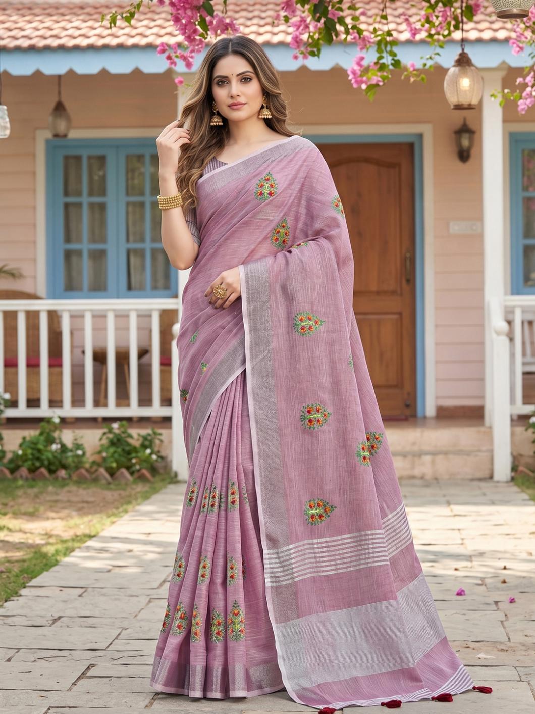 Amrah Wholesale Ast Samaira Soft Linen Embroidered Saree - Amrah Wholesale