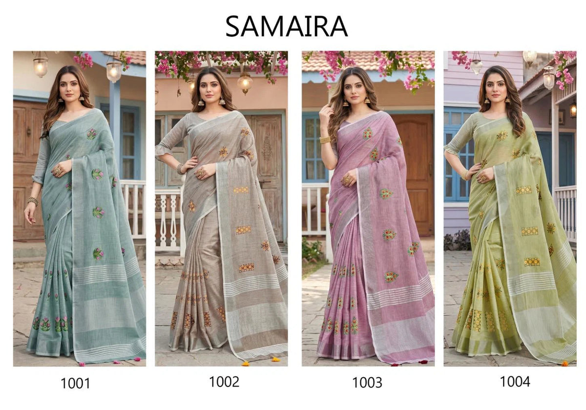 Amrah Wholesale Ast Samaira Soft Linen Embroidered Saree - Amrah Wholesale
