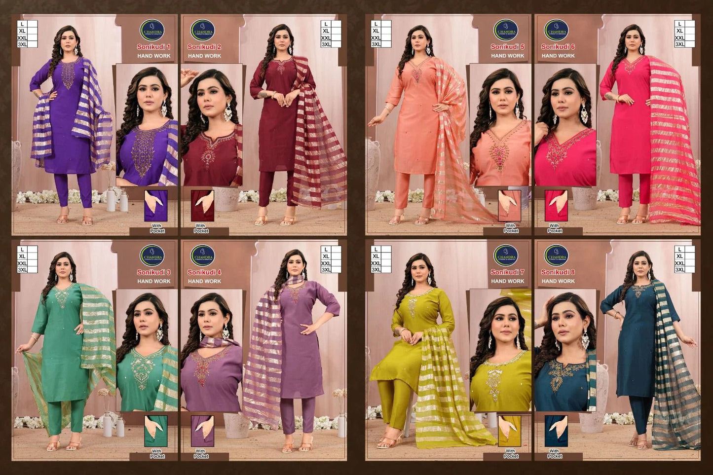 Amrah Wholesale Beauty Sonikudi Vol 1 Roman Silk Handwork Kurti Pant Dupatta Set - Amrah Wholesale