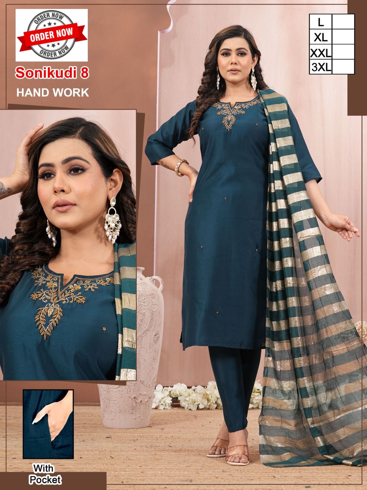 Amrah Wholesale Beauty Sonikudi Vol 1 Roman Silk Handwork Kurti Pant Dupatta Set - Amrah Wholesale