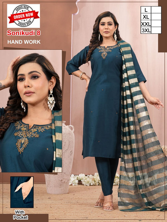 Amrah Wholesale Beauty Sonikudi Vol 1 Roman Silk Handwork Kurti Pant Dupatta Set - Amrah Wholesale