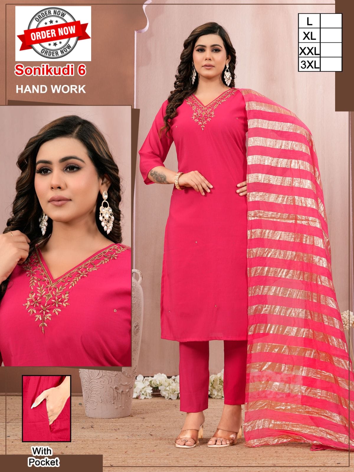Amrah Wholesale Beauty Sonikudi Vol 1 Roman Silk Handwork Kurti Pant Dupatta Set - Amrah Wholesale