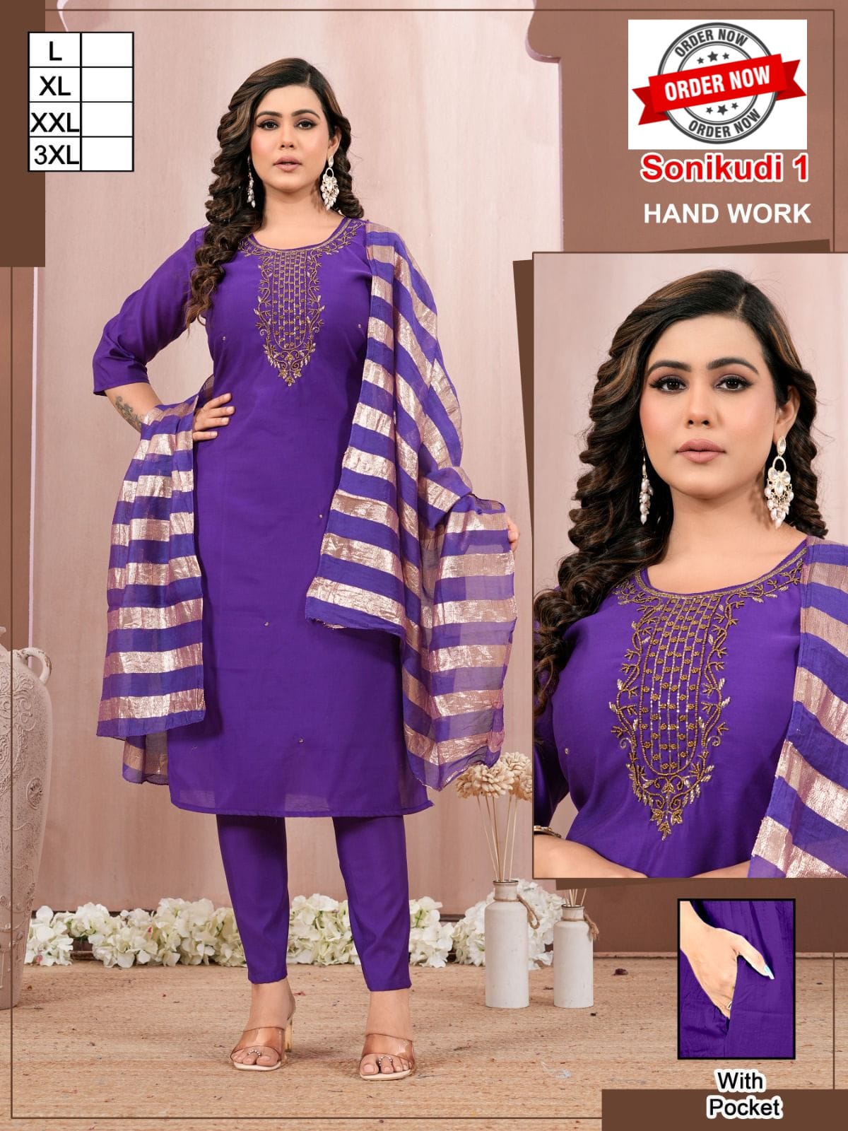 Amrah Wholesale Beauty Sonikudi Vol 1 Roman Silk Handwork Kurti Pant Dupatta Set - Amrah Wholesale