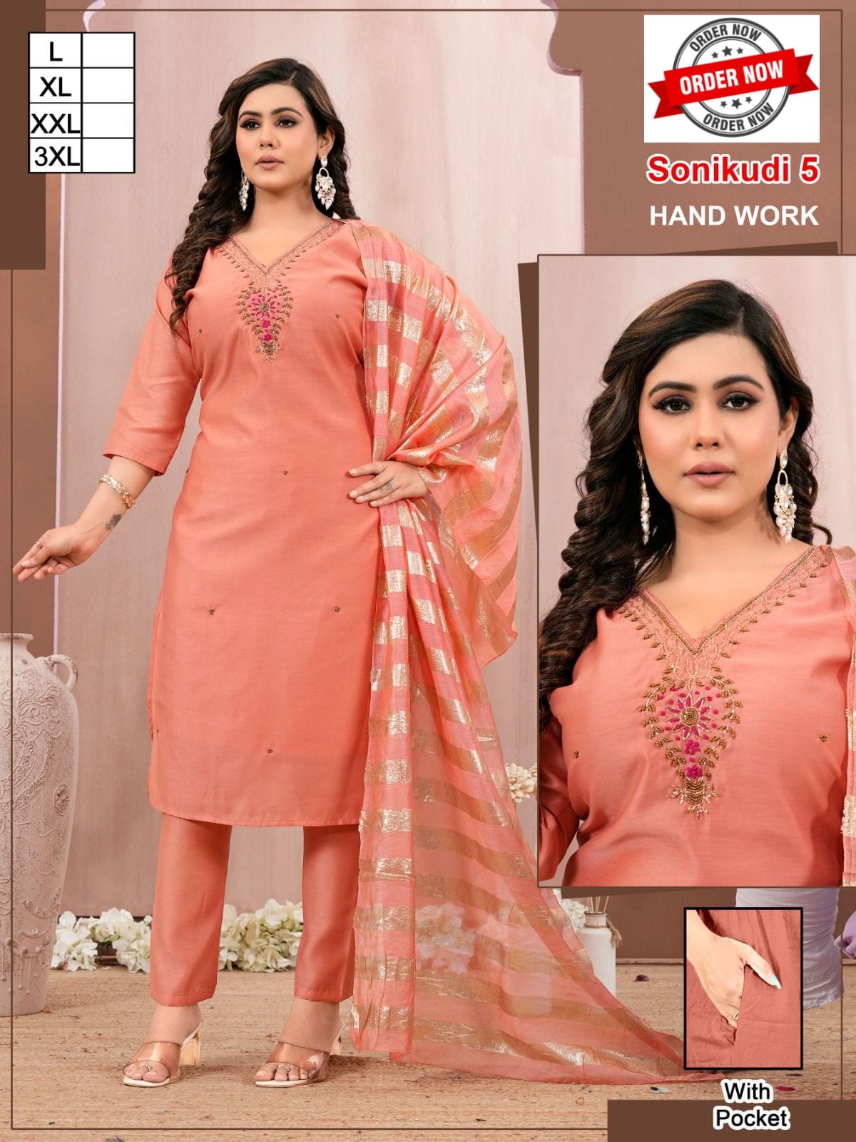 Amrah Wholesale Beauty Sonikudi Vol 1 Roman Silk Handwork Kurti Pant Dupatta Set - Amrah Wholesale