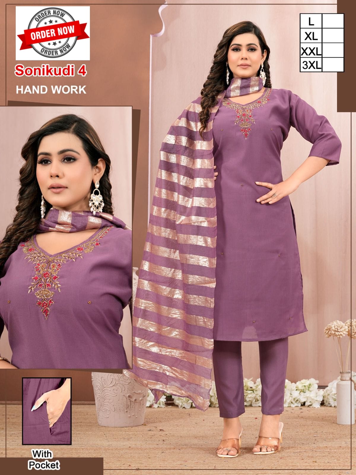 Amrah Wholesale Beauty Sonikudi Vol 1 Roman Silk Handwork Kurti Pant Dupatta Set - Amrah Wholesale