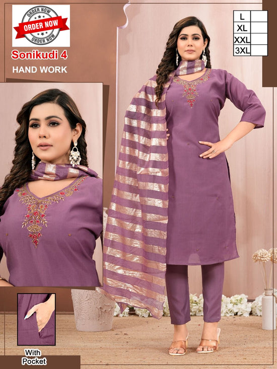Amrah Wholesale Beauty Sonikudi Vol 1 Roman Silk Handwork Kurti Pant Dupatta Set - Amrah Wholesale
