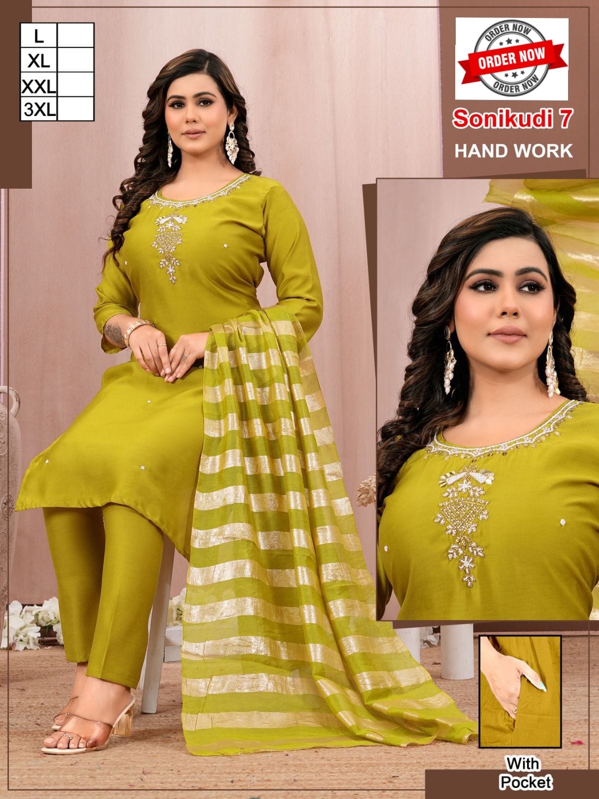 Amrah Wholesale Beauty Sonikudi Vol 1 Roman Silk Handwork Kurti Pant Dupatta Set - Amrah Wholesale
