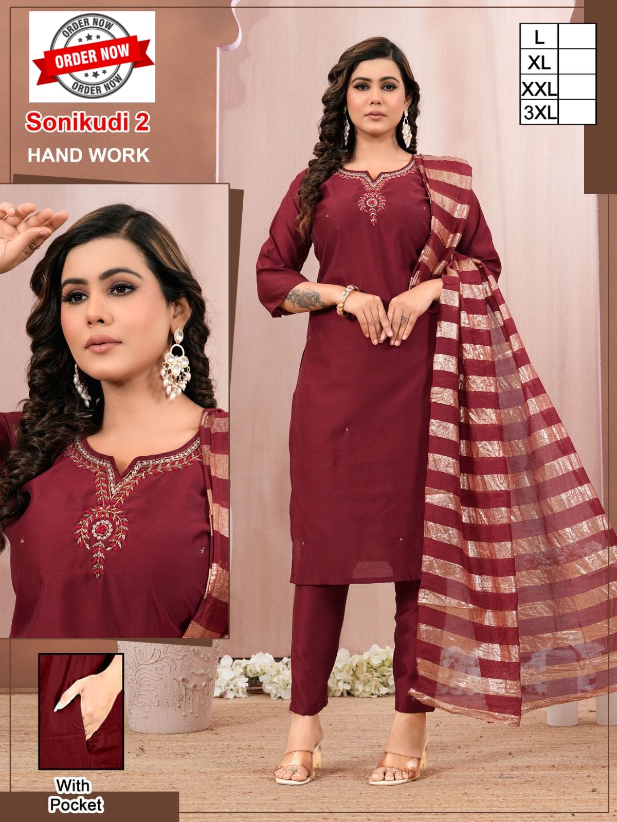 Amrah Wholesale Beauty Sonikudi Vol 1 Roman Silk Handwork Kurti Pant Dupatta Set - Amrah Wholesale