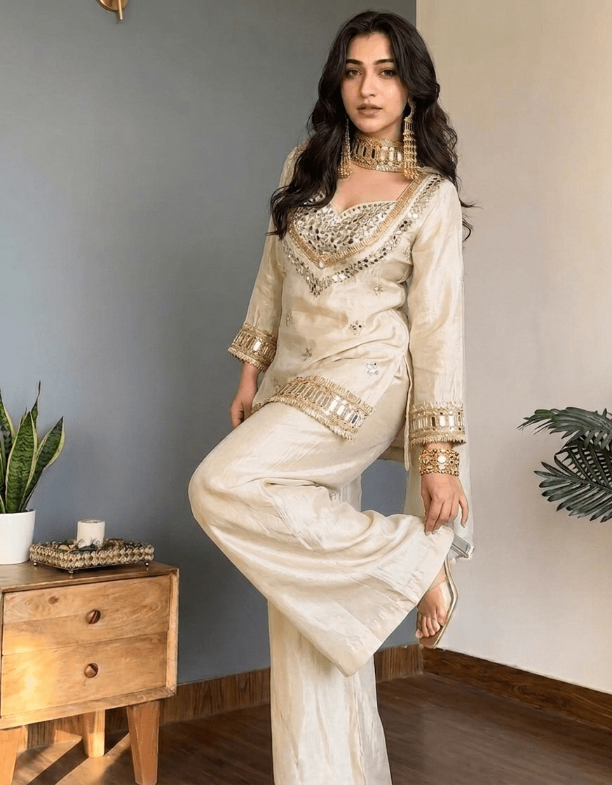 Amrah Wholesale Butterfly 001 Chinon Silk Mirror Work Kurti Pant Dupatta Set - Amrah Wholesale