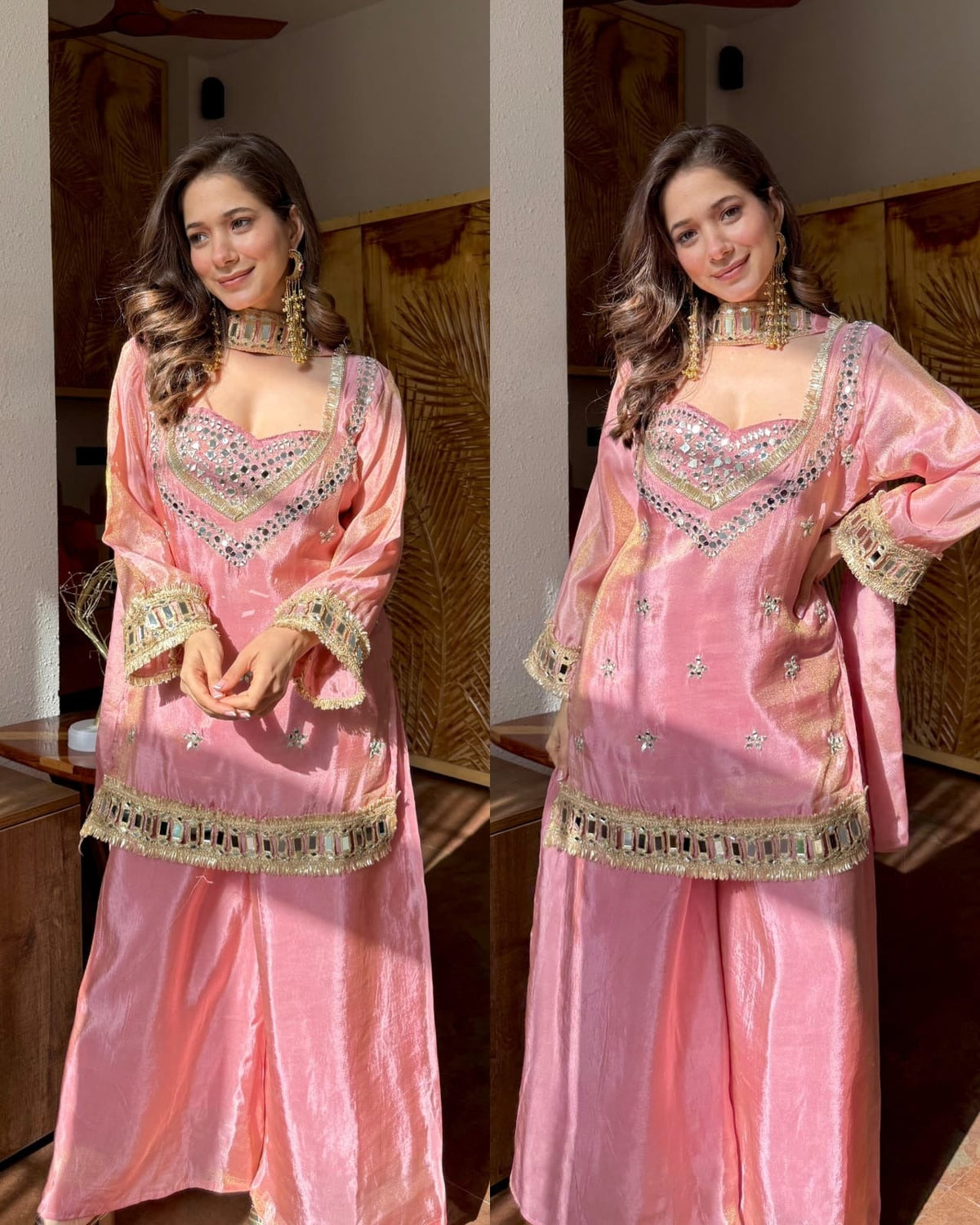 Amrah Wholesale Butterfly 001 Chinon Silk Mirror Work Kurti Pant Dupatta Set - Amrah Wholesale