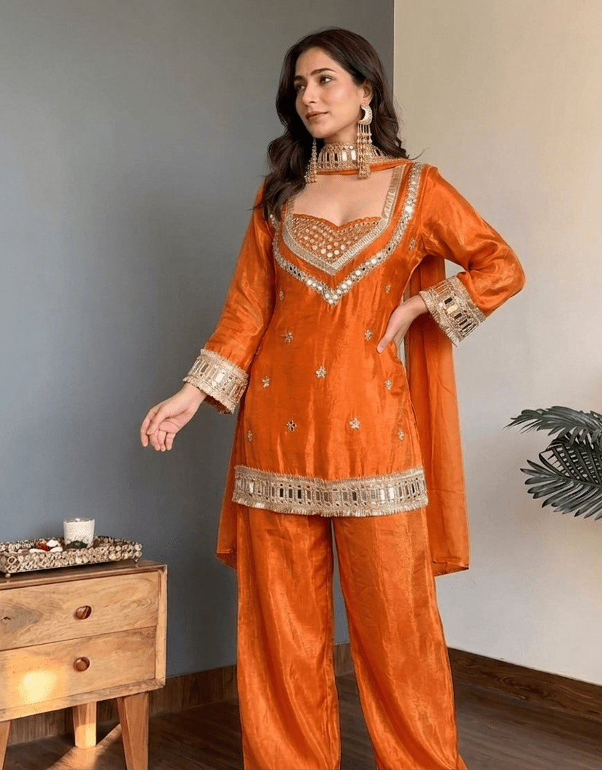 Amrah Wholesale Butterfly 001 Chinon Silk Mirror Work Kurti Pant Dupatta Set - Amrah Wholesale