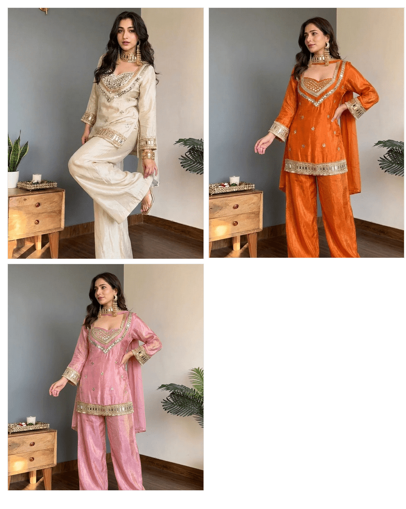Amrah Wholesale Butterfly 001 Chinon Silk Mirror Work Kurti Pant Dupatta Set - Amrah Wholesale