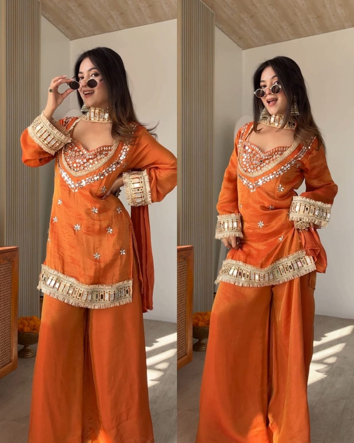 Amrah Wholesale Butterfly 001 Chinon Silk Mirror Work Kurti Pant Dupatta Set - Amrah Wholesale