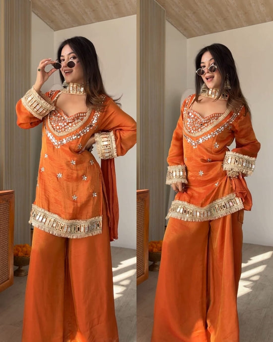 Amrah Wholesale Butterfly 001 Chinon Silk Mirror Work Kurti Pant Dupatta Set - Amrah Wholesale