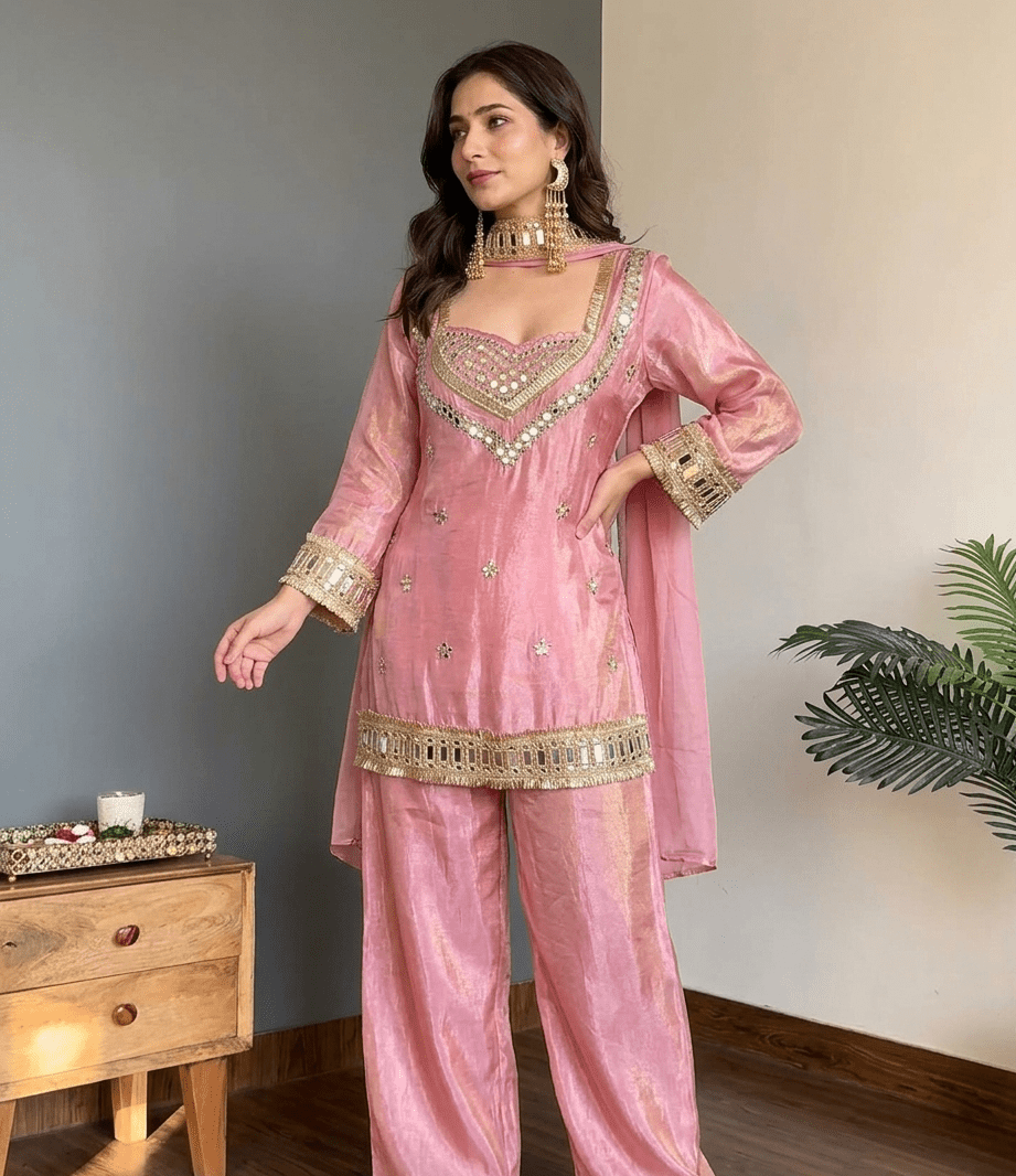 Amrah Wholesale Butterfly 001 Chinon Silk Mirror Work Kurti Pant Dupatta Set - Amrah Wholesale