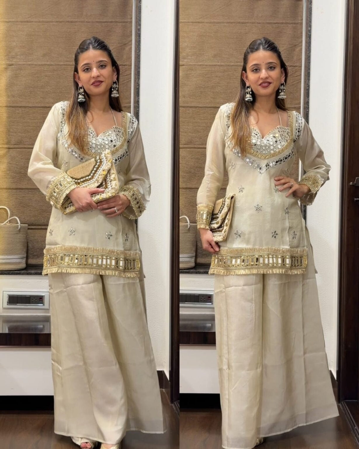 Amrah Wholesale Butterfly 001 Chinon Silk Mirror Work Kurti Pant Dupatta Set - Amrah Wholesale