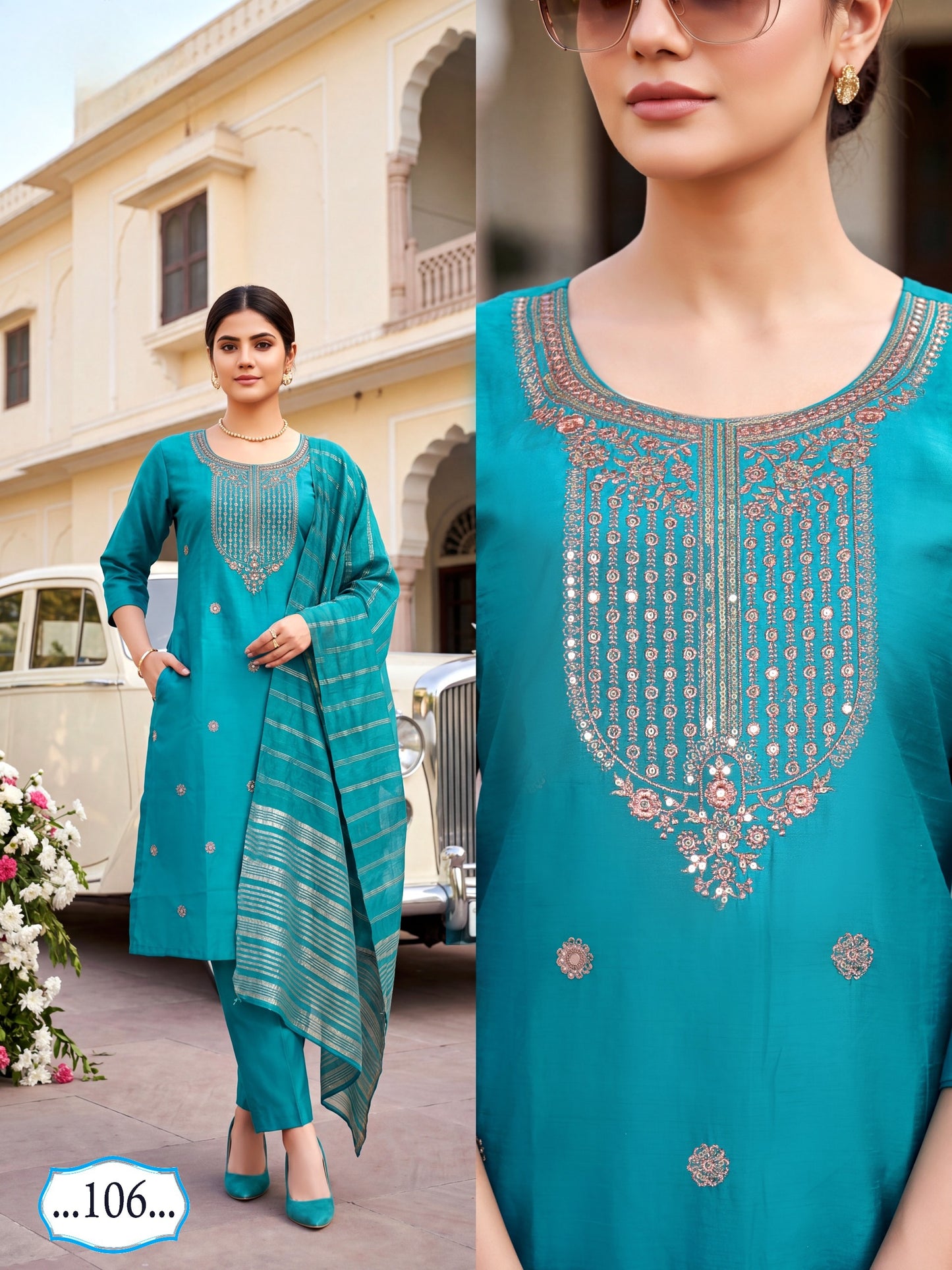 Amrah Wholesale Butterfly Vol 3 Roman Silk Kurti Pant Dupatta Set