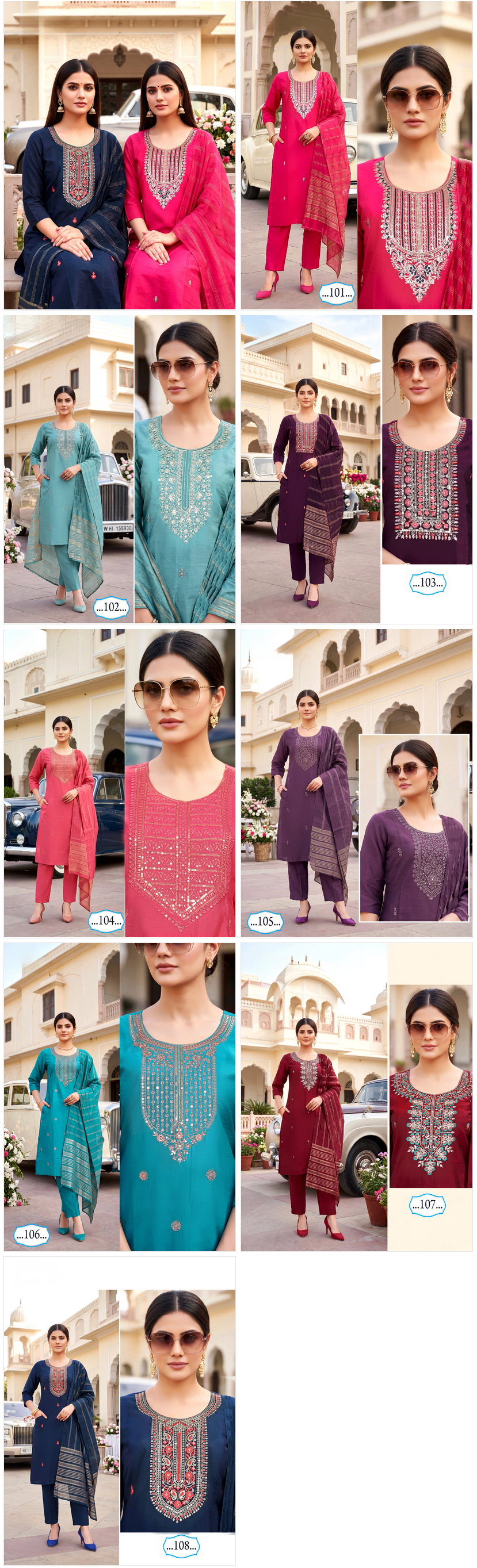 Amrah Wholesale Butterfly Vol 3 Roman Silk Kurti Pant Dupatta Set