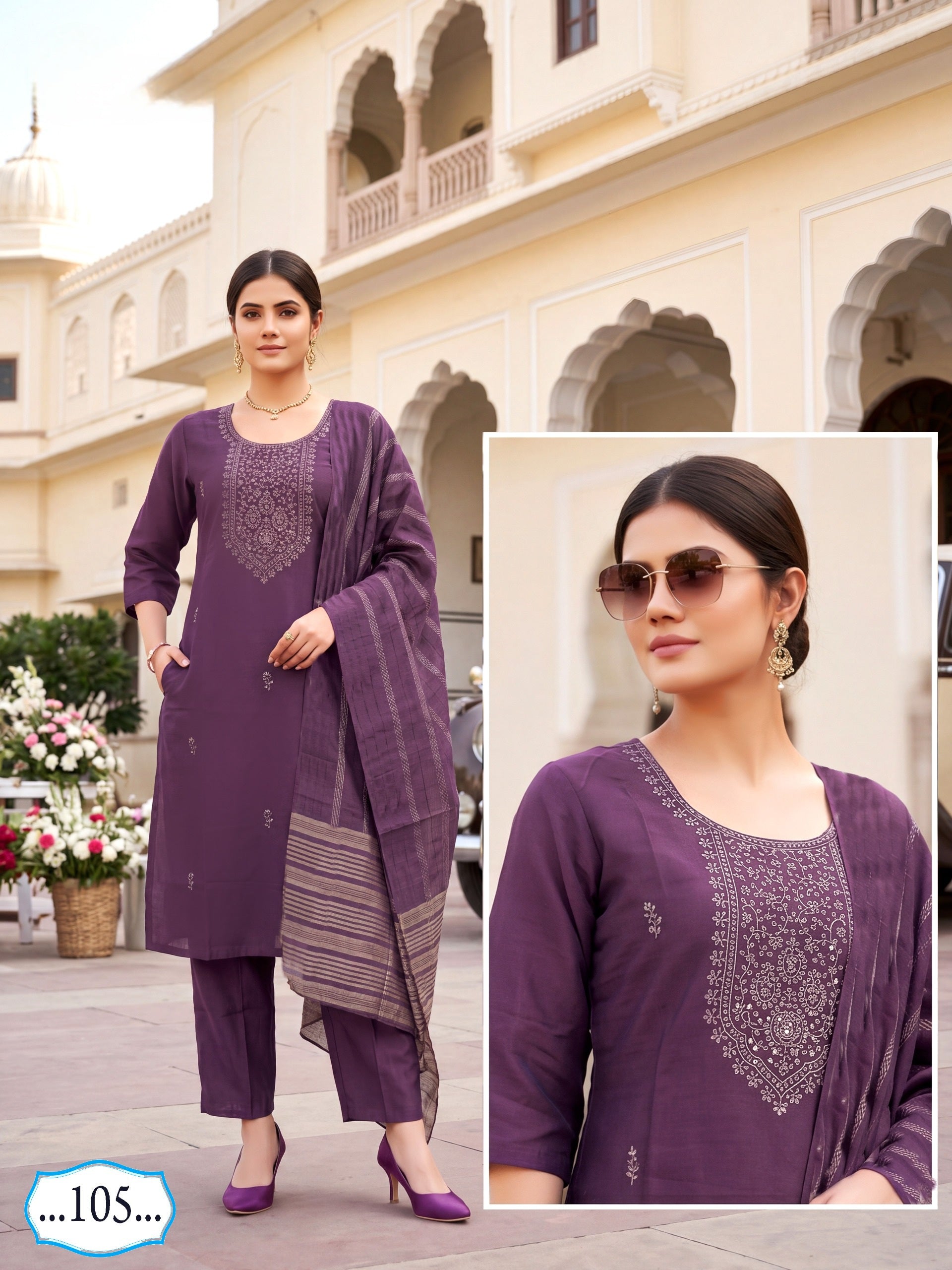 Amrah Wholesale Butterfly Vol 3 Roman Silk Kurti Pant Dupatta Set