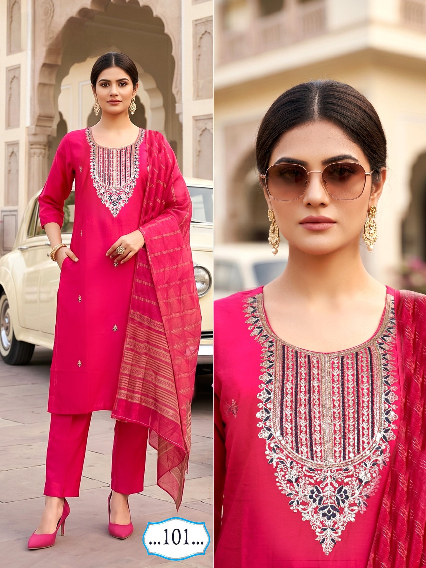 Amrah Wholesale Butterfly Vol 3 Roman Silk Kurti Pant Dupatta Set