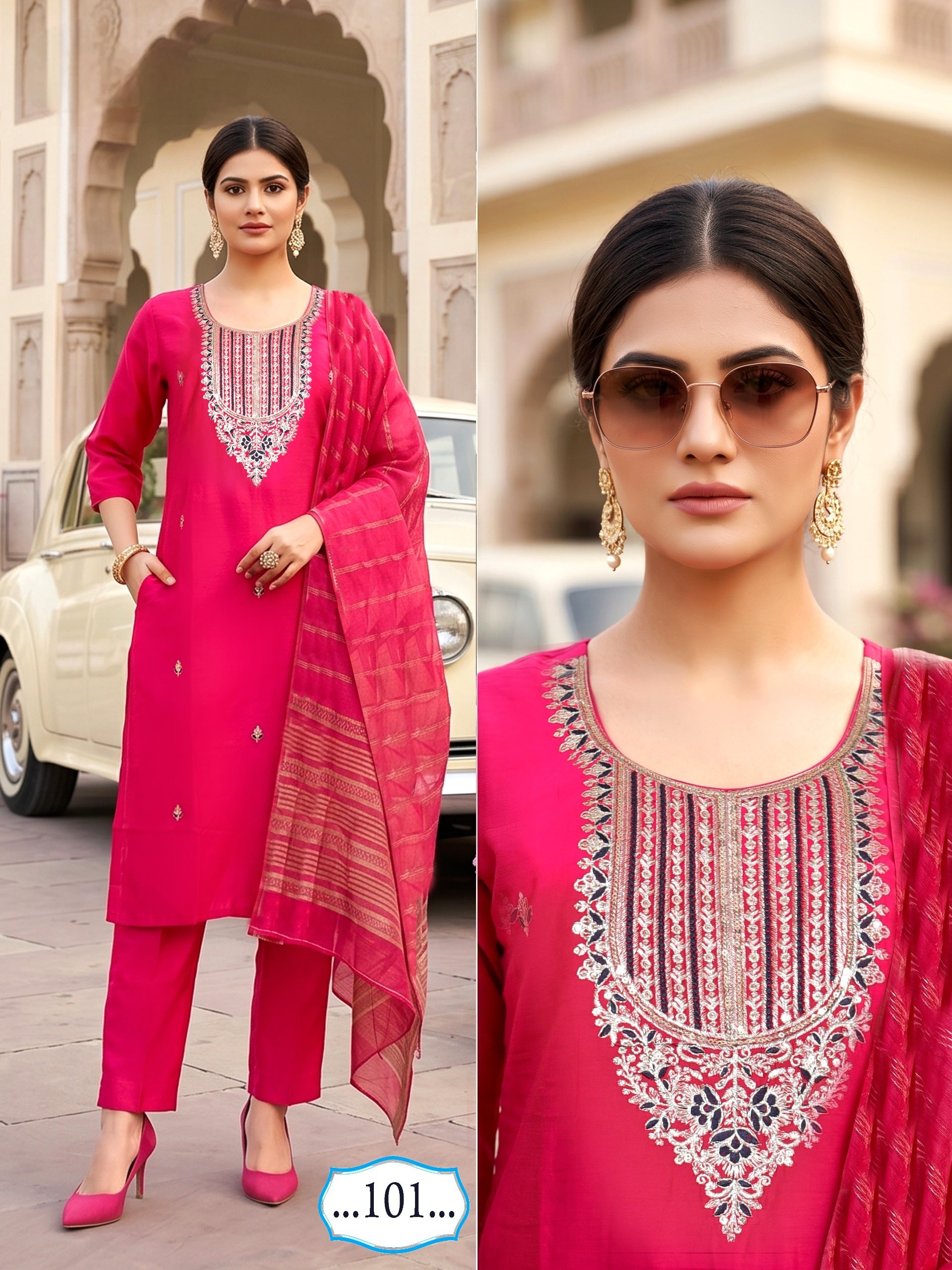 Amrah Wholesale Butterfly Vol 3 Roman Silk Kurti Pant Dupatta Set