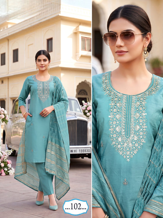 Amrah Wholesale Butterfly Vol 3 Roman Silk Kurti Pant Dupatta Set