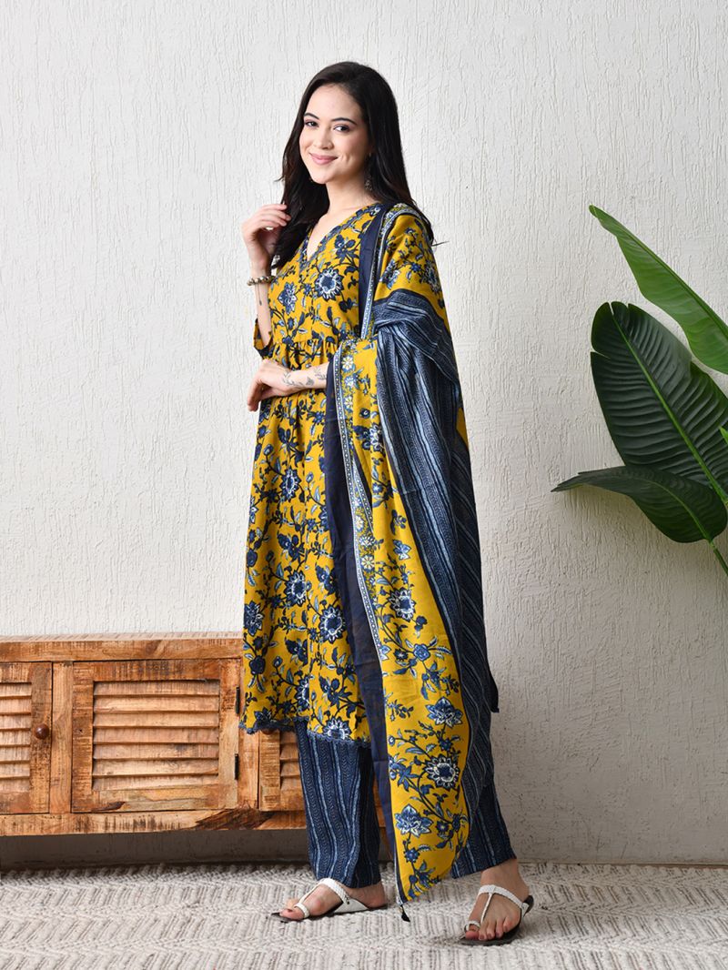 Amrah Wholesale C 210 Yellow Linen Cotton Kurti Pant Set