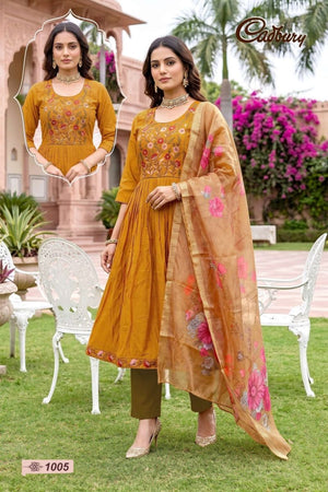 Amrah Wholesale Cadbury Vol 1 Viscose Vertican Silk Kurti Pant Dupatta Set - Amrah Wholesale
