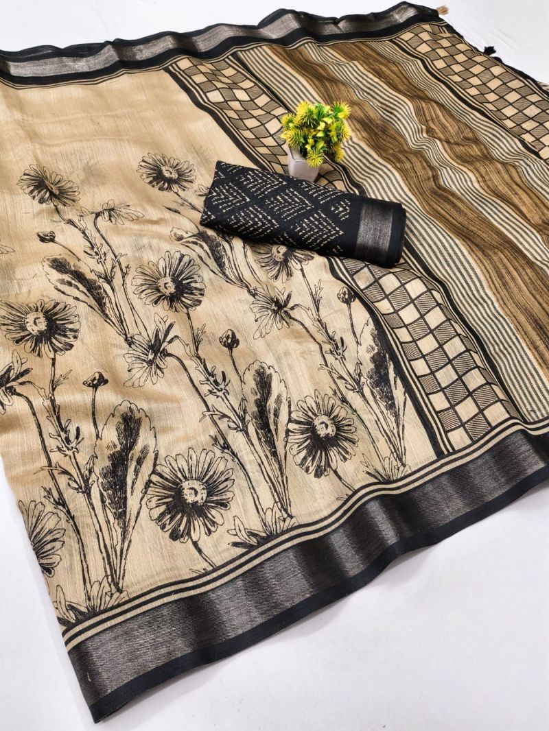 Amrah Wholesale Chiku And Black Linen Printed Saree - Amrah Wholesale