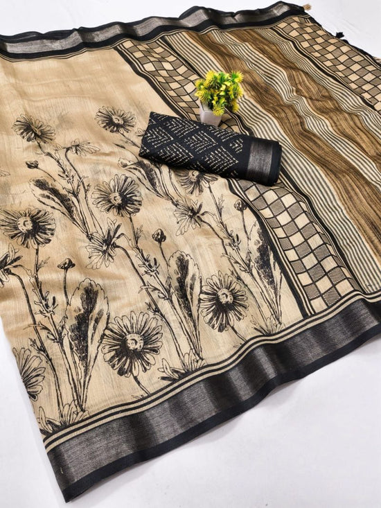 Amrah Wholesale Chiku And Black Linen Printed Saree - Amrah Wholesale