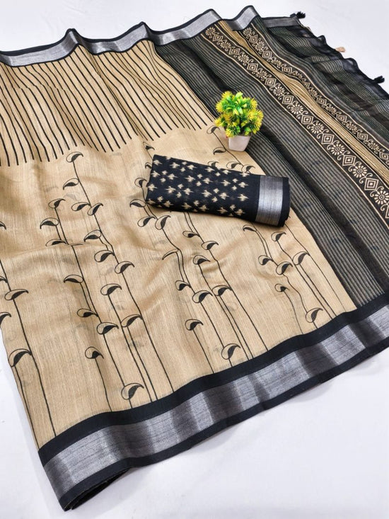 Amrah Wholesale Chiku And Black Linen Printed Saree - Amrah Wholesale