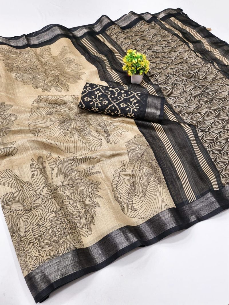 Amrah Wholesale Chiku And Black Linen Printed Saree - Amrah Wholesale