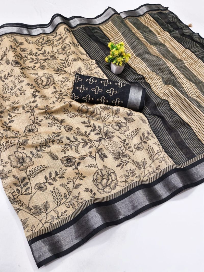 Amrah Wholesale Chiku And Black Linen Printed Saree - Amrah Wholesale