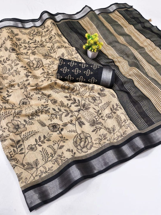 Amrah Wholesale Chiku And Black Linen Printed Saree - Amrah Wholesale