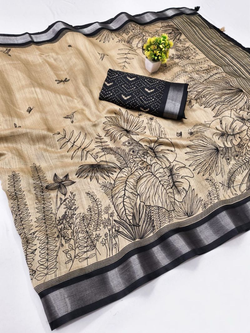 Amrah Wholesale Chiku And Black Linen Printed Saree - Amrah Wholesale
