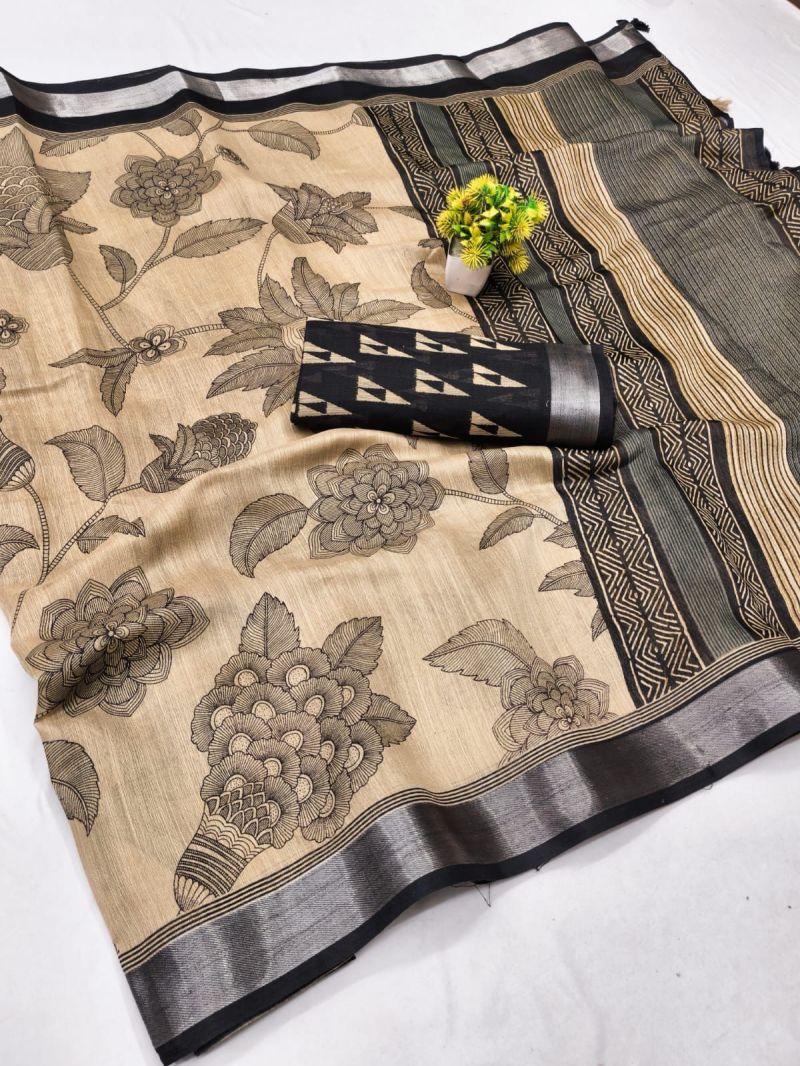 Amrah Wholesale Chiku And Black Linen Printed Saree - Amrah Wholesale