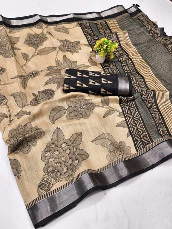 Amrah Wholesale Chiku And Black Linen Printed Saree - Amrah Wholesale