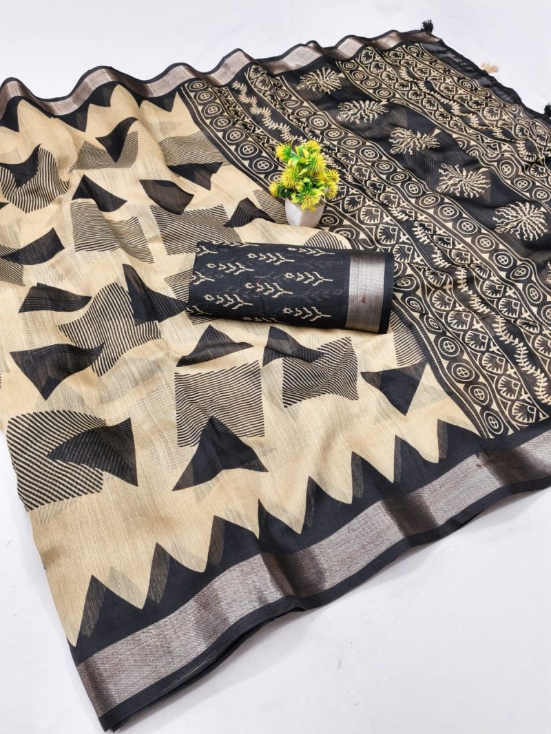 Amrah Wholesale Chiku And Black Linen Printed Saree - Amrah Wholesale